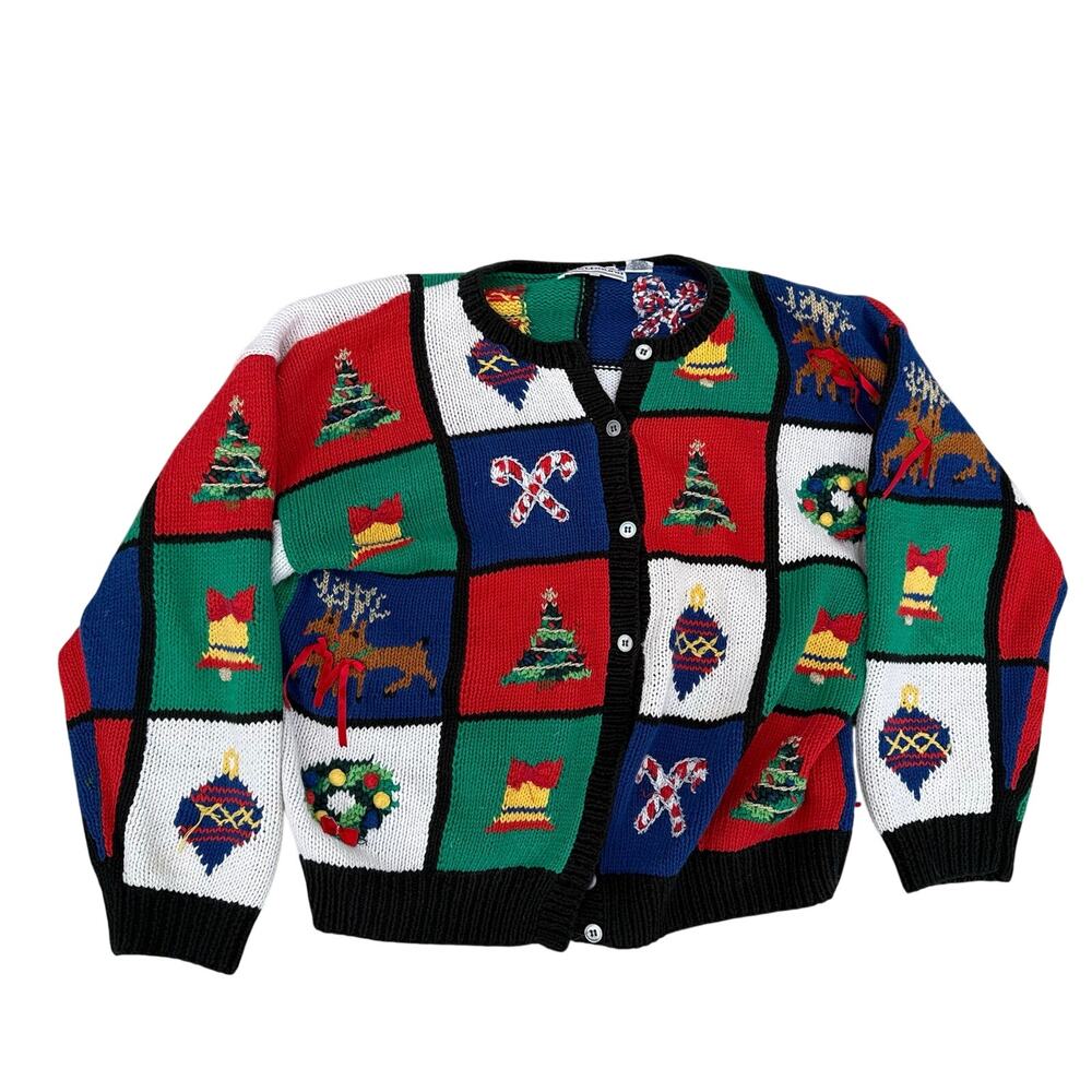 VINTAGE Westbound Ugly Christmas Holiday Knit Sweater Cardigan Womens Sz XL